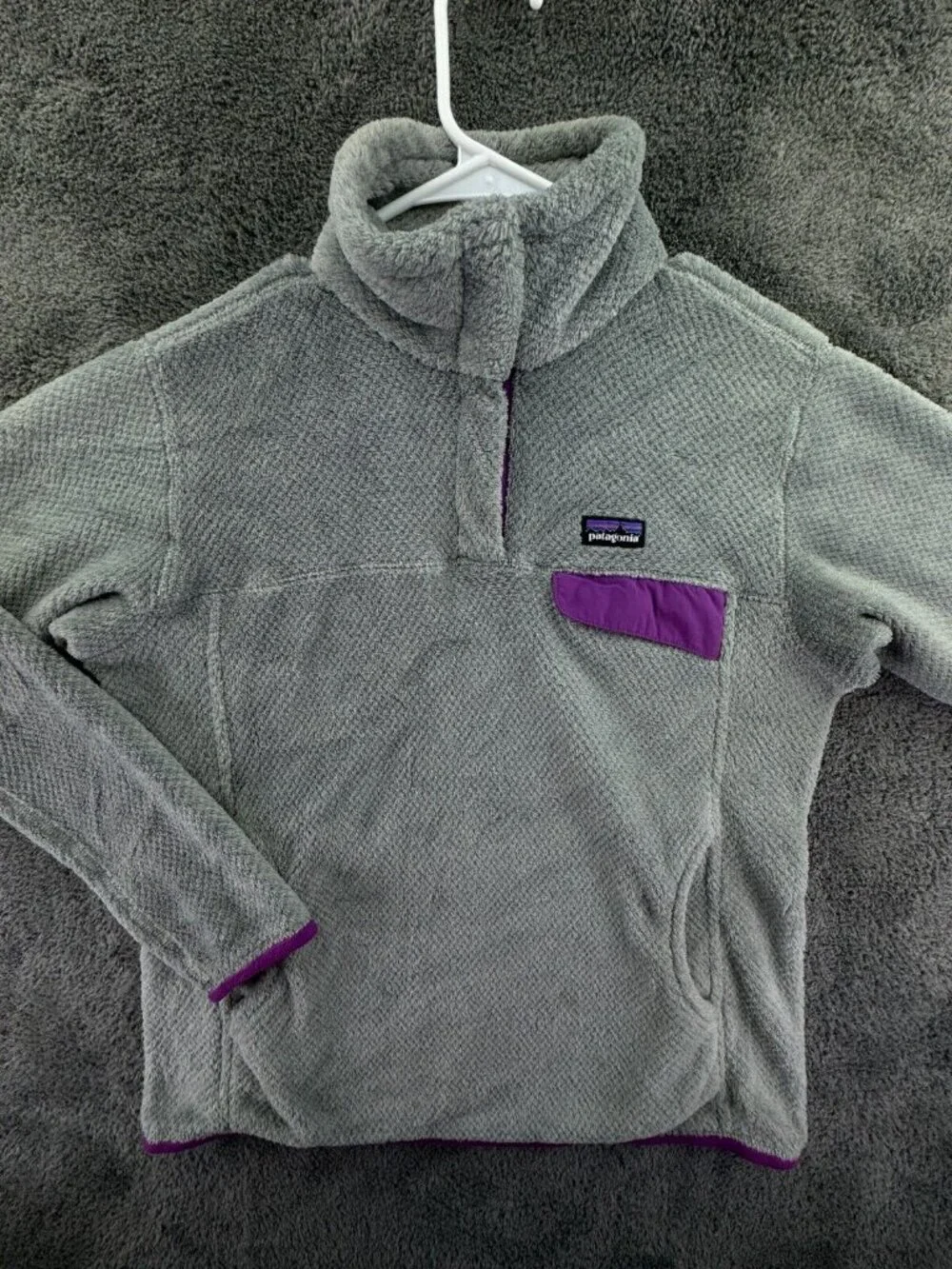 Patagonia Women Jacket Adult Gray Purple Medium W/ Pocket, Logo 1/4 Snap Soft
